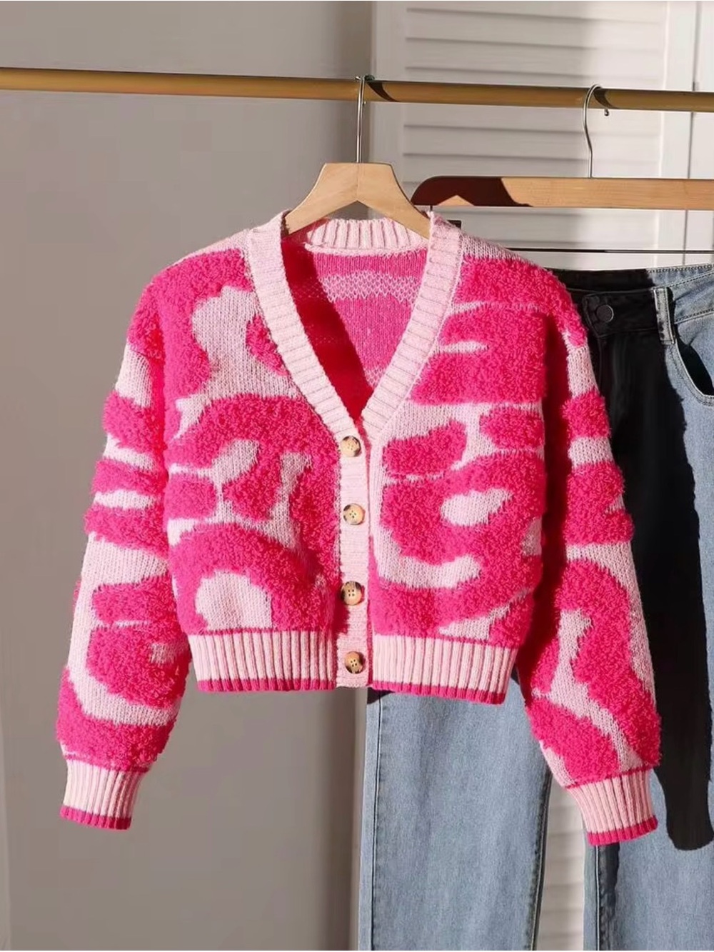 SHEIN Bright Pink Patterned V-Neck Button Cardigan
